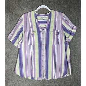 Roamans Seersucker‎ Striped Button Up Top Womens Sz 18W Purple Pockets Roll Tab